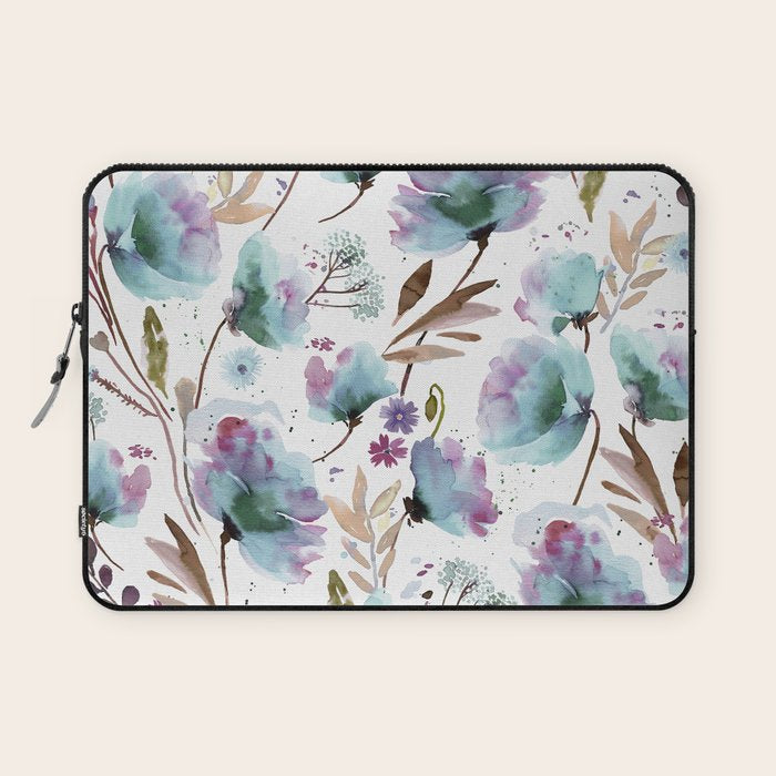 Poppies Loose Floral Watercolor - Meadow Wildflowers - Aqua Plum  Laptop Sleeve Gallery Image 1