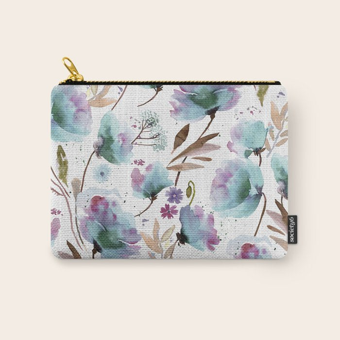 Poppies Loose Floral Watercolor - Meadow Wildflowers - Aqua Plum  Carry All Pouch Gallery Image 1