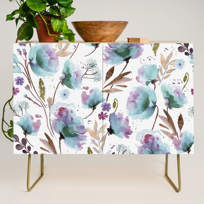 Poppies Loose Floral Watercolor - Meadow Wildflowers - Aqua Plum  Credenza Gallery Image 1