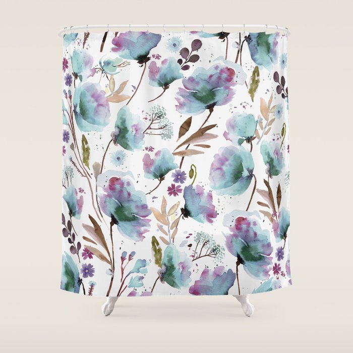 Poppies Loose Floral Watercolor - Meadow Wildflowers - Aqua Plum  Shower Curtain Gallery Image 1
