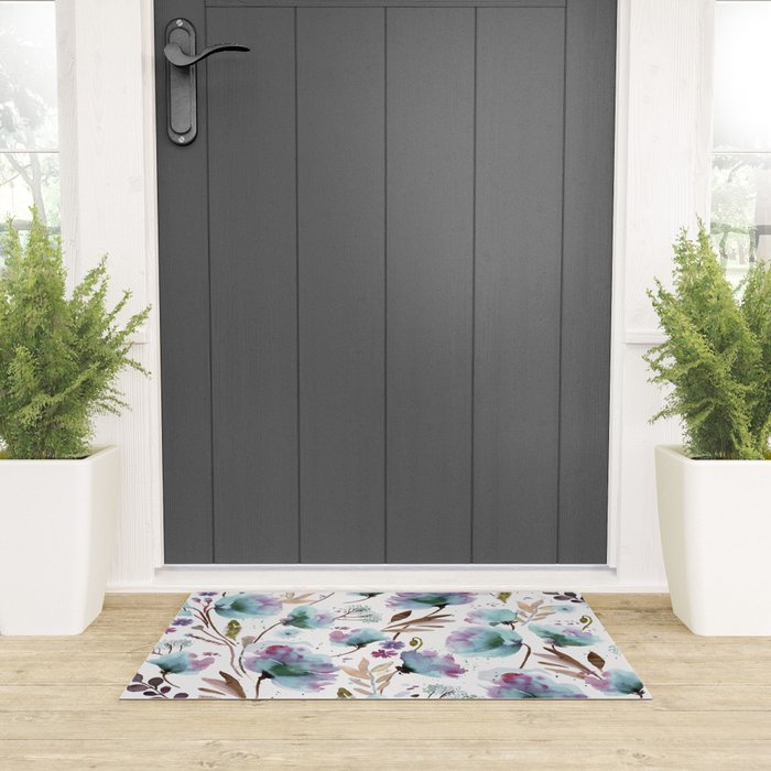 Poppies Loose Floral Watercolor - Meadow Wildflowers - Aqua Plum  Welcome Mat Gallery Image 3