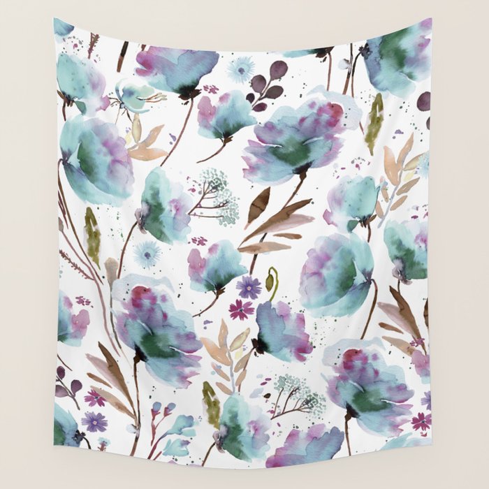 Poppies Loose Floral Watercolor - Meadow Wildflowers - Aqua Plum  Wall Tapestry Gallery Image 4