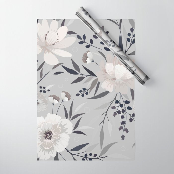 Modern, Boho, Floral Prints, Gray and White Wrapping Paper Gallery Image 1