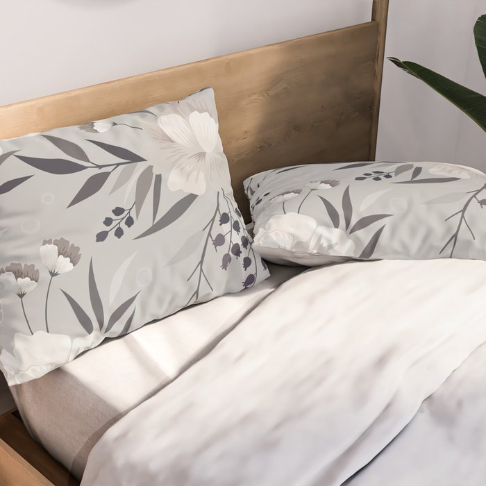 Modern, Boho, Floral Prints, Gray and White Pillow Sham Gallery Image 2