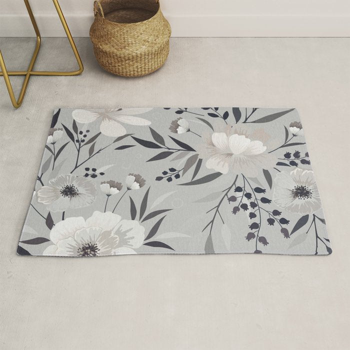 Modern, Boho, Floral Prints, Gray and White Rug Gallery Image 1