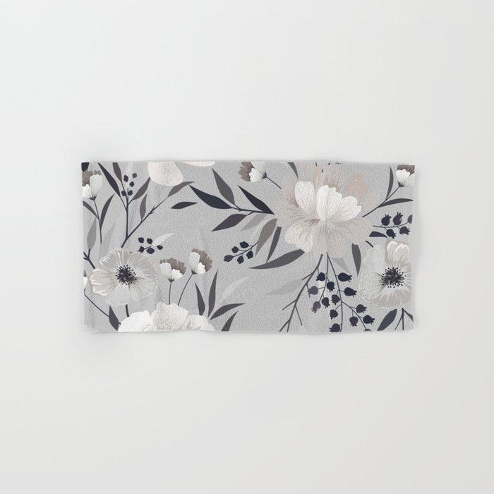 Modern, Boho, Floral Prints, Gray and White Bath Towel Gallery Image 1