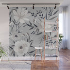 Modern, Boho, Floral Prints, Gray and White Wall Mural Gallery Image 1
