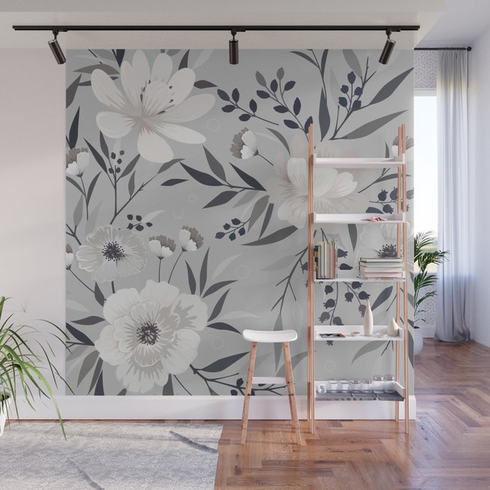 Modern, Boho, Floral Prints, Gray and White Wall Mural Gallery Image 1