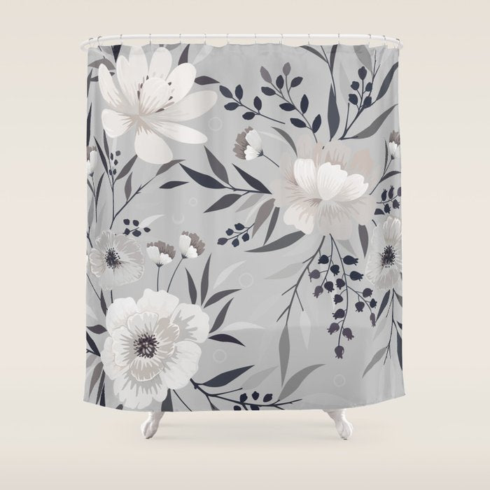 Modern, Boho, Floral Prints, Gray and White Shower Curtain Gallery Image 1