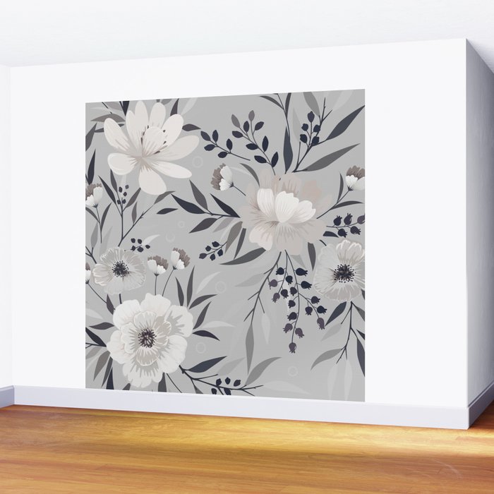 Modern, Boho, Floral Prints, Gray and White Wall Mural Gallery Image 2