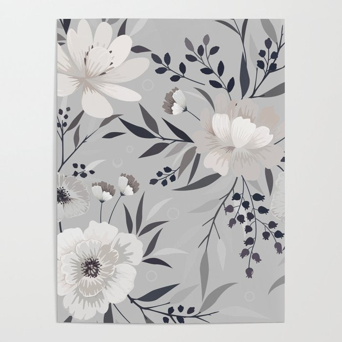Modern, Boho, Floral Prints, Gray and White Poster Gallery Image 4