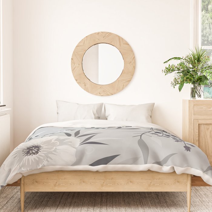 Modern, Boho, Floral Prints, Gray and White Duvet Cover Gallery Image 3