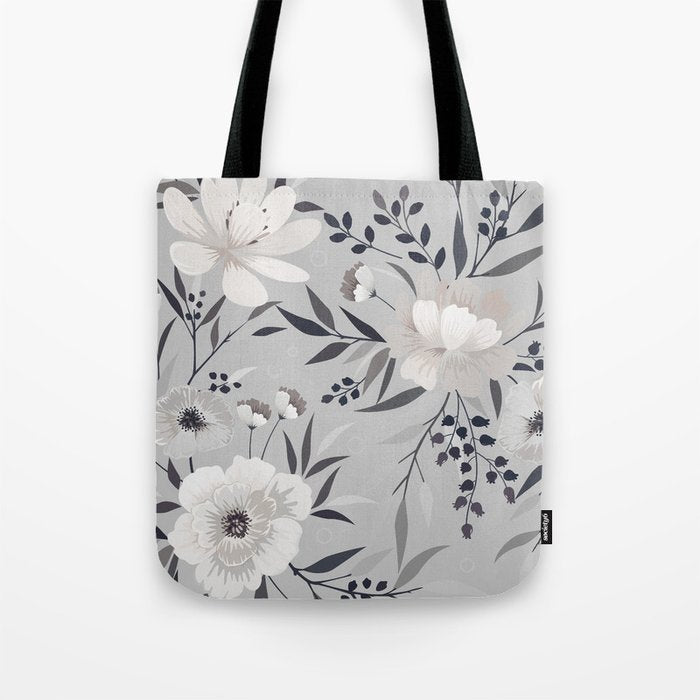 Modern, Boho, Floral Prints, Gray and White Tote Bag Gallery Image 1