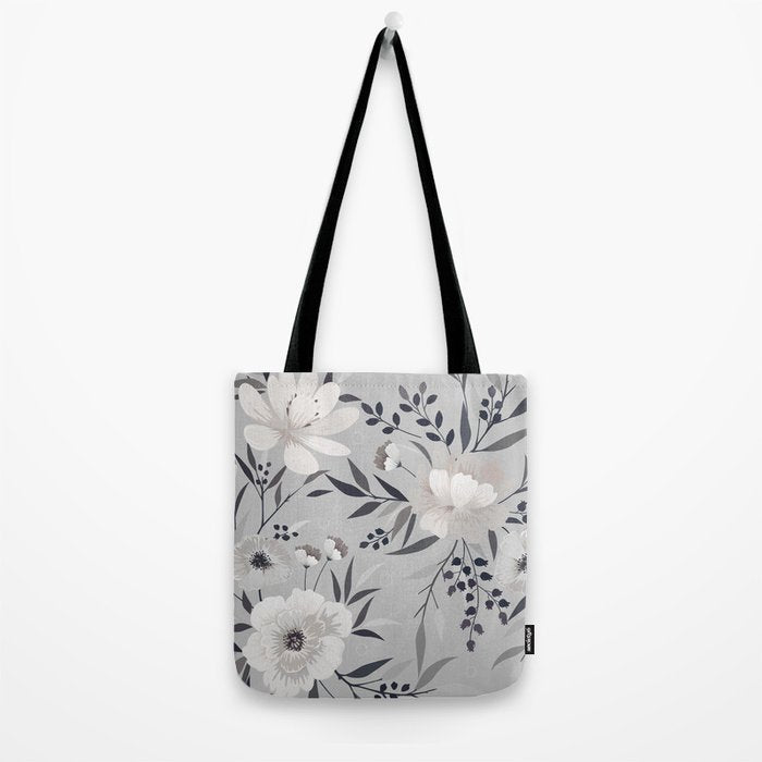 Modern, Boho, Floral Prints, Gray and White Tote Bag Gallery Image 2