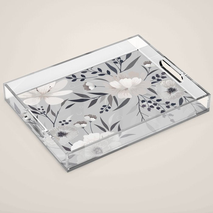 Modern, Boho, Floral Prints, Gray and White Acrylic Tray Gallery Image 1