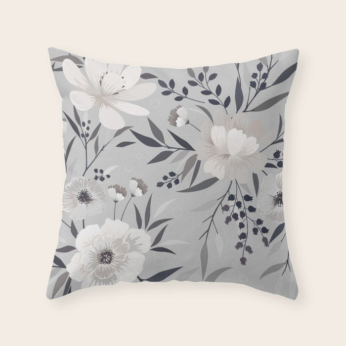 Modern, Boho, Floral Prints, Gray and White Throw Pillow Gallery Image 6