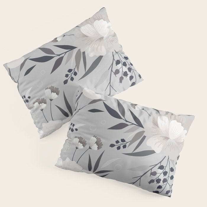 Modern, Boho, Floral Prints, Gray and White Pillow Sham Gallery Image 3