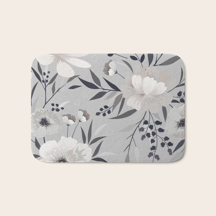 Modern, Boho, Floral Prints, Gray and White Bath Mat Gallery Image 1
