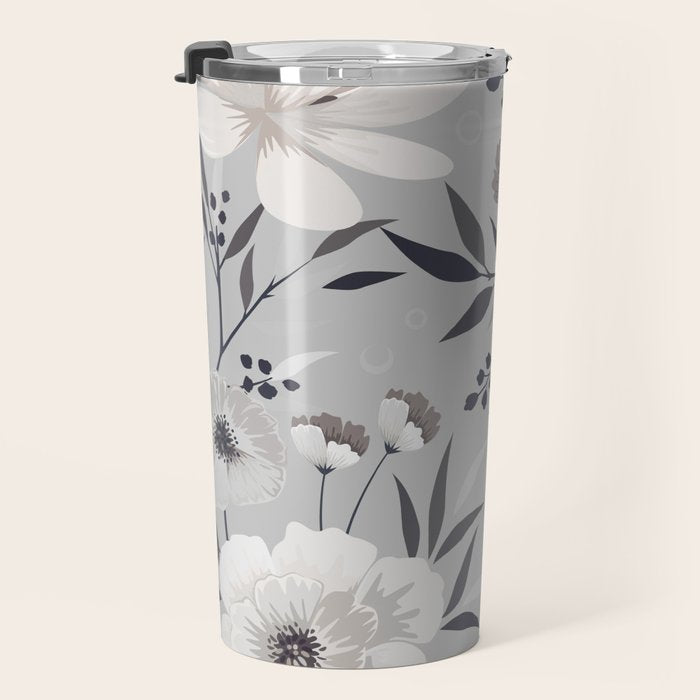 Modern, Boho, Floral Prints, Gray and White Travel Mug Gallery Image 3