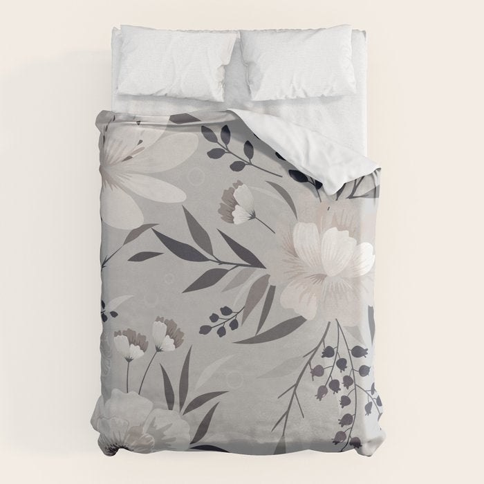 Modern, Boho, Floral Prints, Gray and White Duvet Cover Gallery Image 6