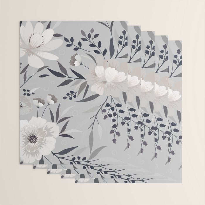 Modern, Boho, Floral Prints, Gray and White Wrapping Paper Gallery Image 3