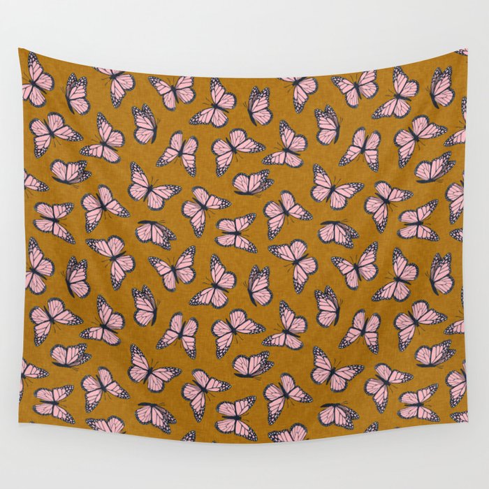 monarch butterflies - pink on ginger Wall Tapestry Gallery Image 1