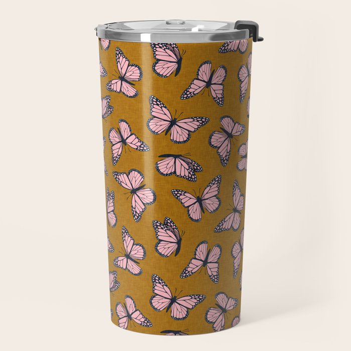 monarch butterflies - pink on ginger Travel Mug Gallery Image 2