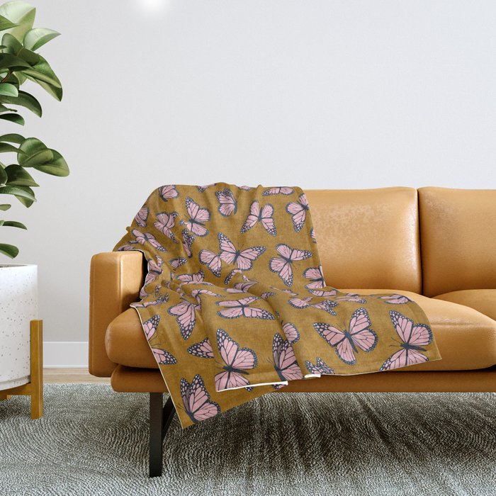 monarch butterflies - pink on ginger Throw Blanket Gallery Image 1