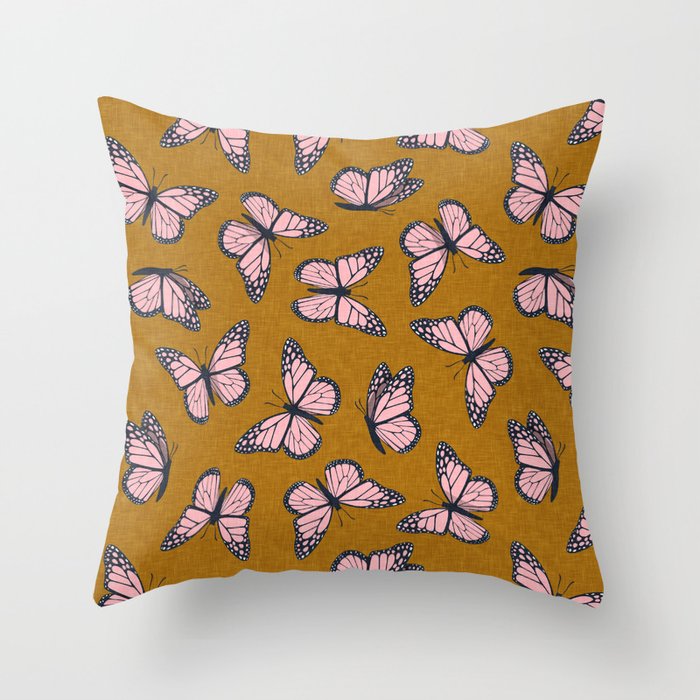 monarch butterflies - pink on ginger Throw Pillow Gallery Image 1