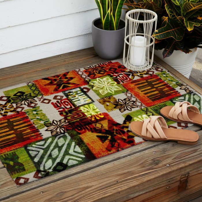 Vintage Hawaii Barkcloth Tapa Beach design Outdoor Rug Gallery Image 2