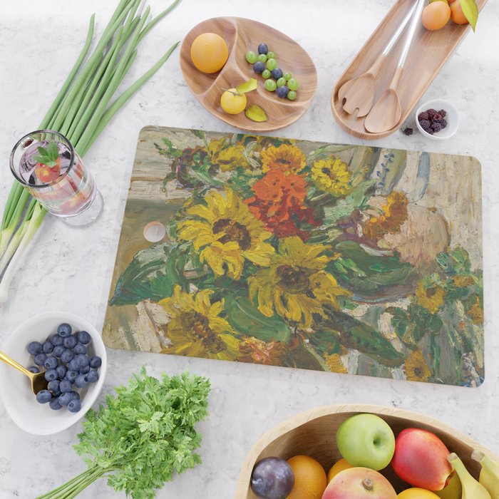 Beautiful still life of sunflowers in a vase portrait floral painting by Dorothea Sharp Cutting Board Gallery Image 2