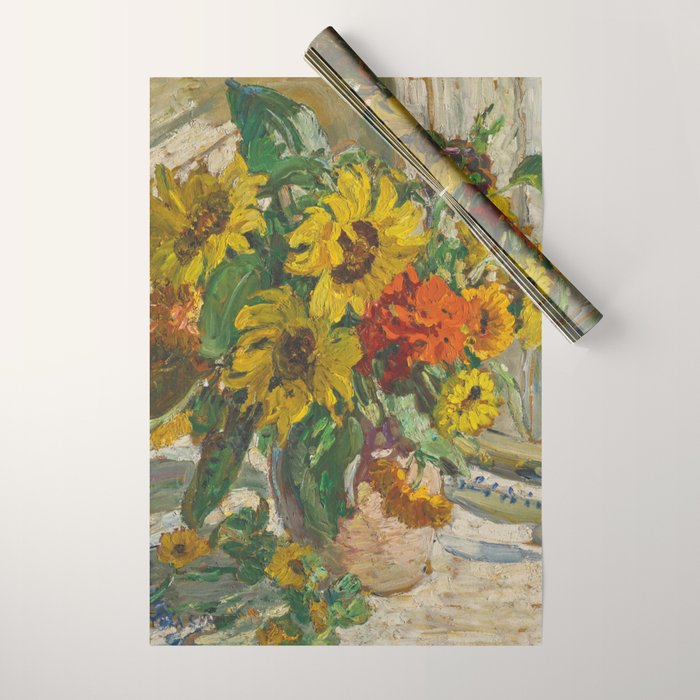 Beautiful still life of sunflowers in a vase portrait floral painting by Dorothea Sharp Wrapping Paper Gallery Image 1