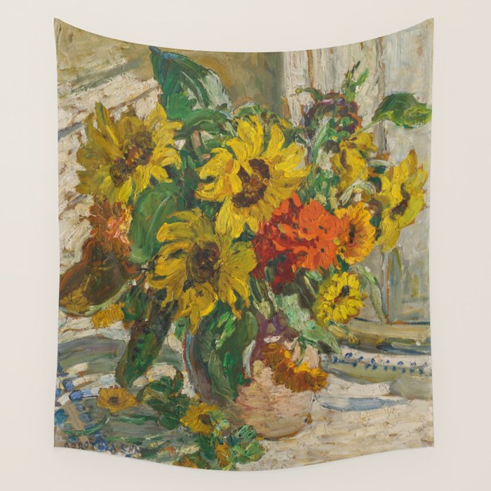 Beautiful still life of sunflowers in a vase portrait floral painting by Dorothea Sharp Wall Tapestry Gallery Image 1