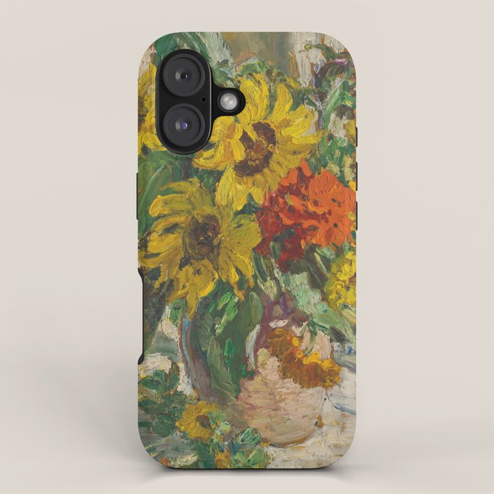 Beautiful still life of sunflowers in a vase portrait floral painting by Dorothea Sharp iPhone Case Gallery Image 1