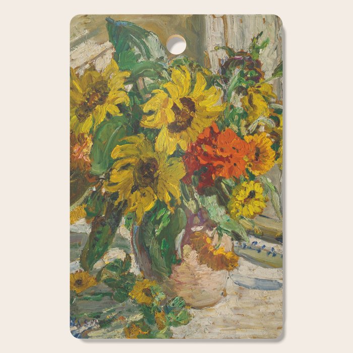 Beautiful still life of sunflowers in a vase portrait floral painting by Dorothea Sharp Cutting Board Gallery Image 1