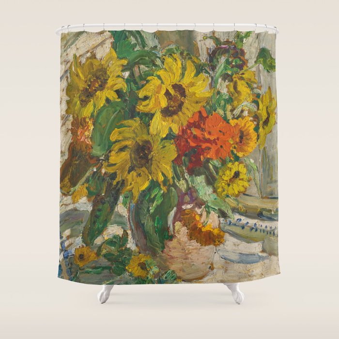 Beautiful still life of sunflowers in a vase portrait floral painting by Dorothea Sharp Shower Curtain Gallery Image 1