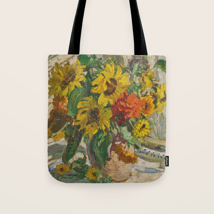 Beautiful still life of sunflowers in a vase portrait floral painting by Dorothea Sharp Tote Bag Gallery Image 1