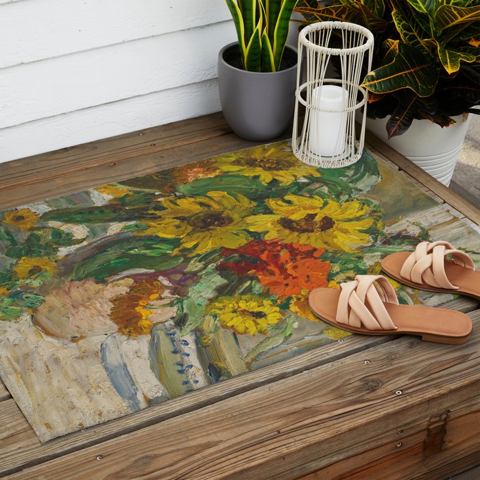 Beautiful still life of sunflowers in a vase portrait floral painting by Dorothea Sharp Outdoor Rug Gallery Image 2