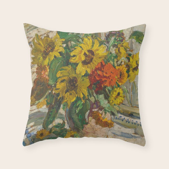 Beautiful still life of sunflowers in a vase portrait floral painting by Dorothea Sharp Throw Pillow Gallery Image 1
