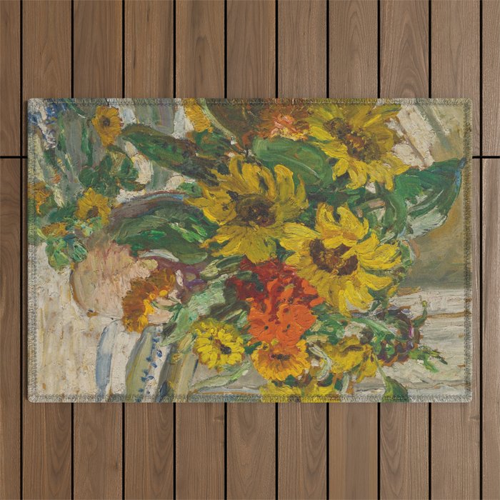 Beautiful still life of sunflowers in a vase portrait floral painting by Dorothea Sharp Outdoor Rug Gallery Image 1