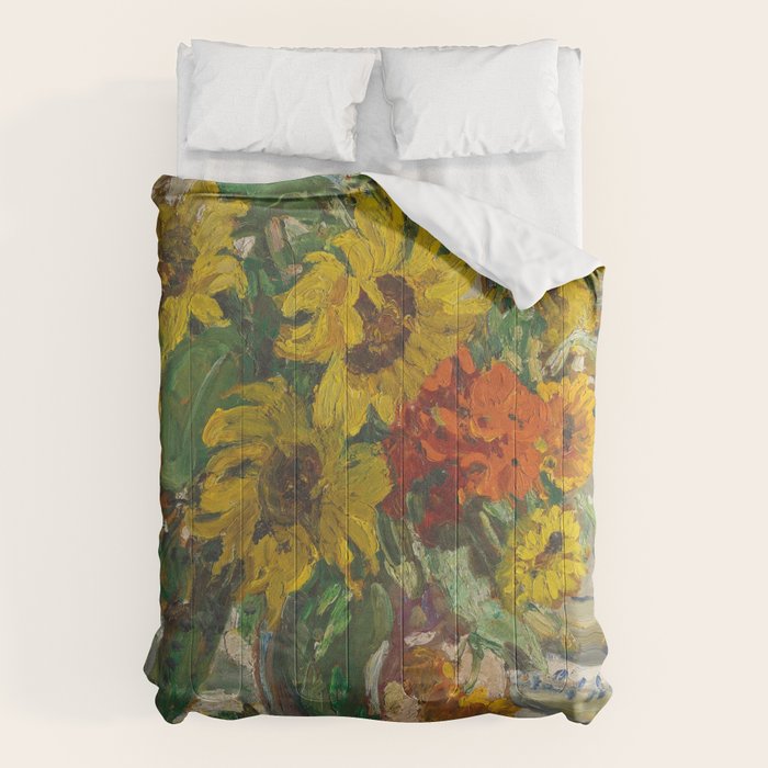 Beautiful still life of sunflowers in a vase portrait floral painting by Dorothea Sharp Comforter Gallery Image 1