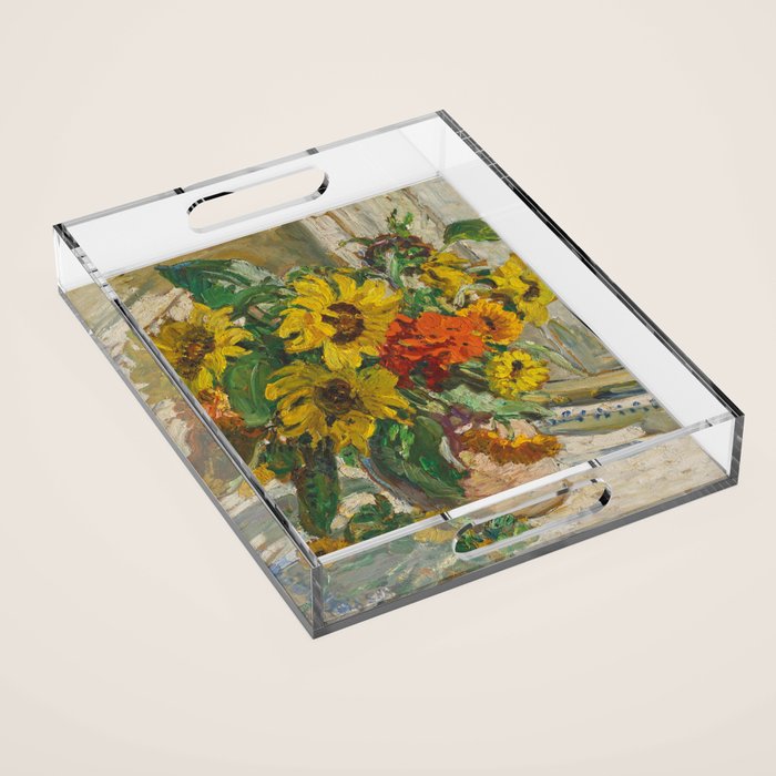 Beautiful still life of sunflowers in a vase portrait floral painting by Dorothea Sharp Acrylic Tray Gallery Image 1