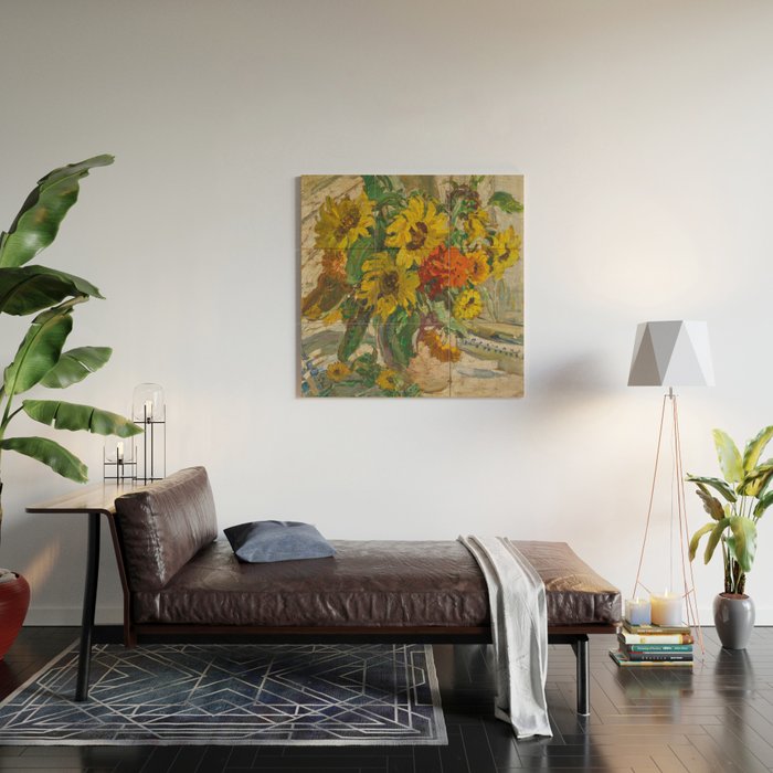 Beautiful still life of sunflowers in a vase portrait floral painting by Dorothea Sharp Wood Wall Art Gallery Image 2