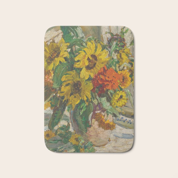 Beautiful still life of sunflowers in a vase portrait floral painting by Dorothea Sharp Bath Mat Gallery Image 1