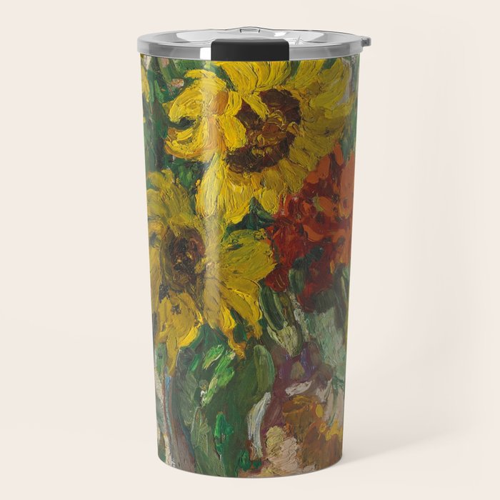Beautiful still life of sunflowers in a vase portrait floral painting by Dorothea Sharp Travel Mug Gallery Image 1