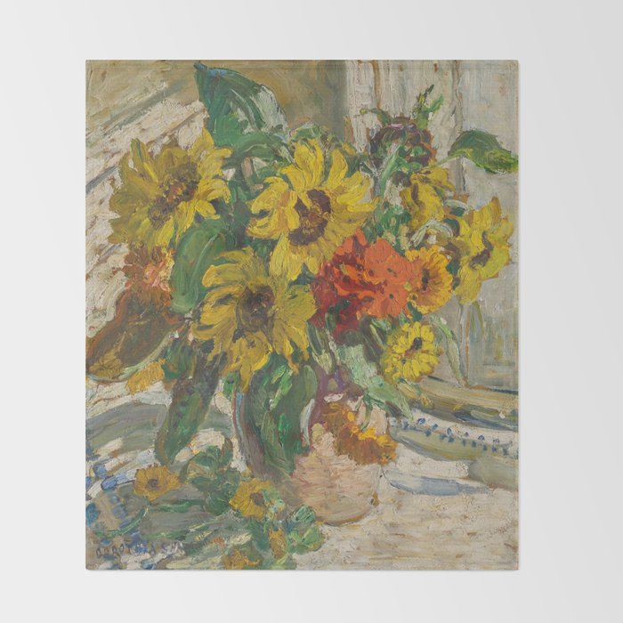 Beautiful still life of sunflowers in a vase portrait floral painting by Dorothea Sharp Throw Blanket Gallery Image 2