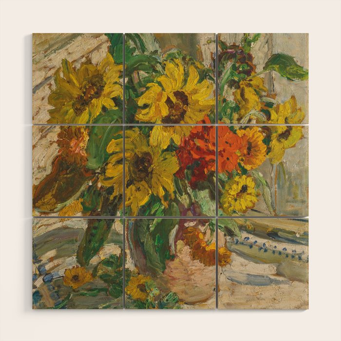 Beautiful still life of sunflowers in a vase portrait floral painting by Dorothea Sharp Wood Wall Art Gallery Image 1