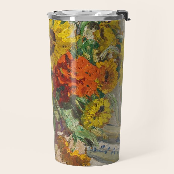 Beautiful still life of sunflowers in a vase portrait floral painting by Dorothea Sharp Travel Mug Gallery Image 2