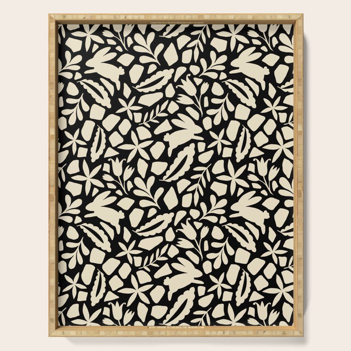 Folk Art Bunnies - black and cream Serving Tray Gallery Image 1