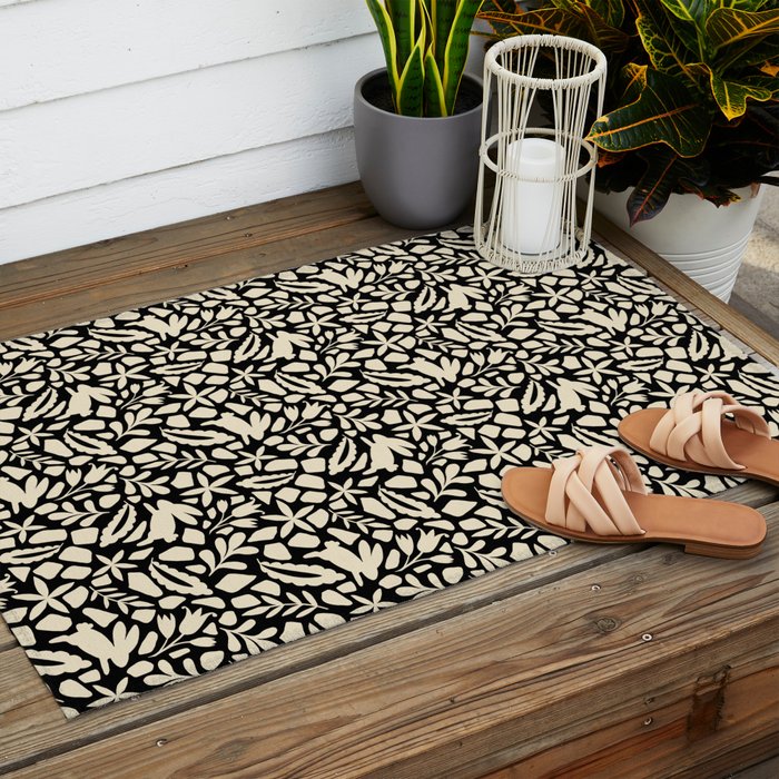 Folk Art Bunnies - black and cream Outdoor Rug Gallery Image 2